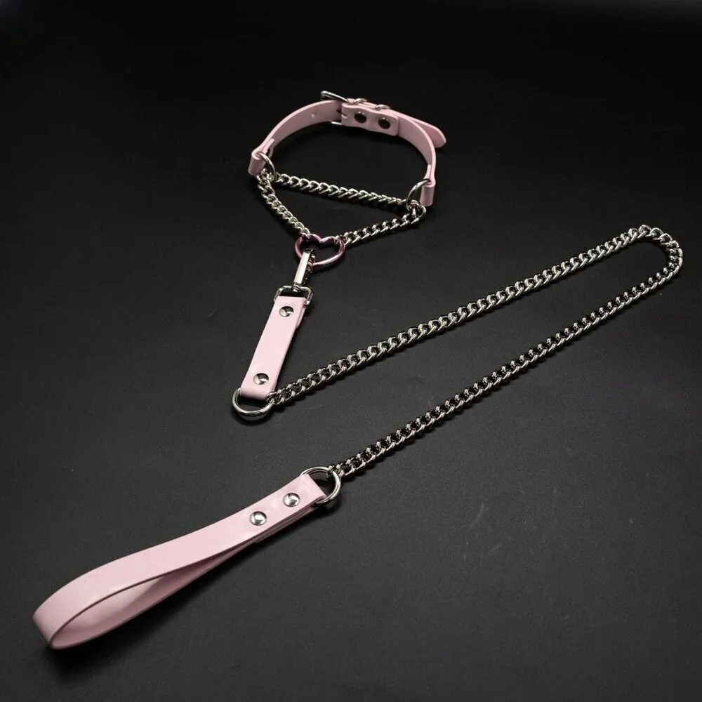 Heart O-ring Leather Choker Necklace Women Punk Gothic Black Pink Adjustable